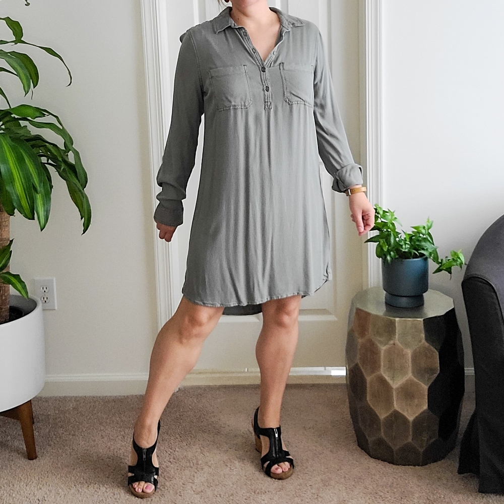 SO Perfectly Soft Juniors Button Front Casual Shirt Dress Khaki Green Olive Sz.M